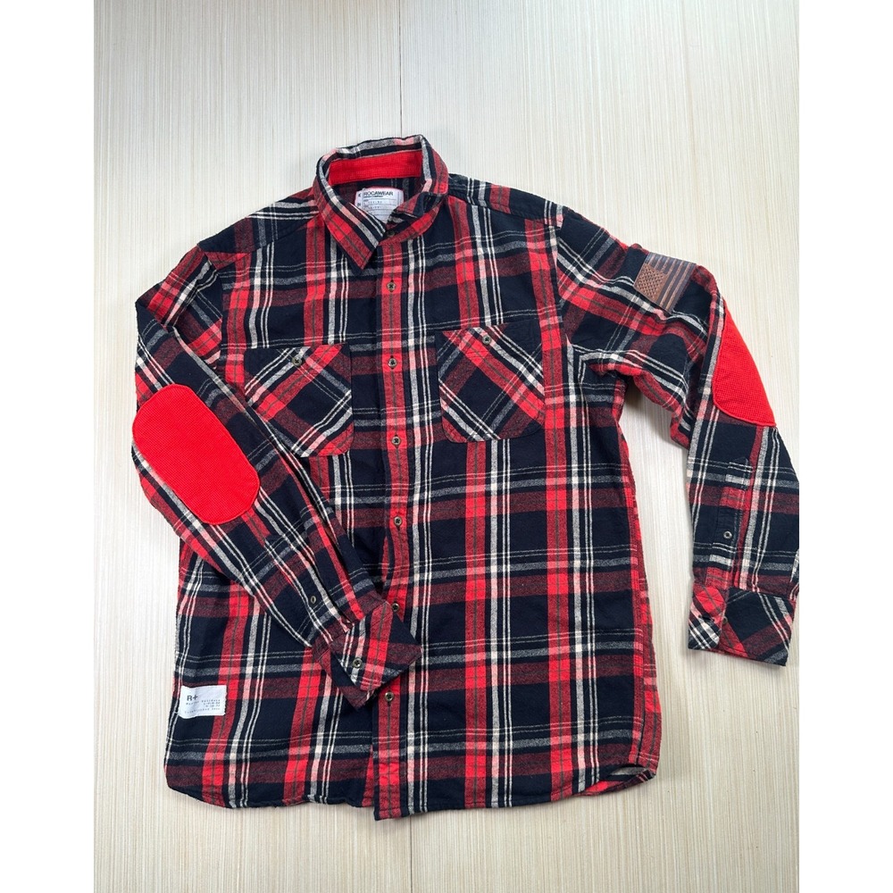 Rocawear Flannel Shirt Mens Large Red Blue Plaid‎ Patch Sleeve Pockets Button-Up
